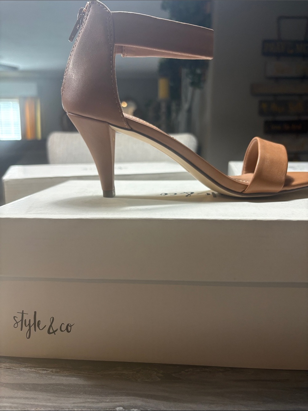 Style & Co. Women's Ankle-Strap Mid Heel Sandal in Tan